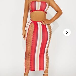 Fashion Nova Red and White Pencil Skirt with Cut Out Details